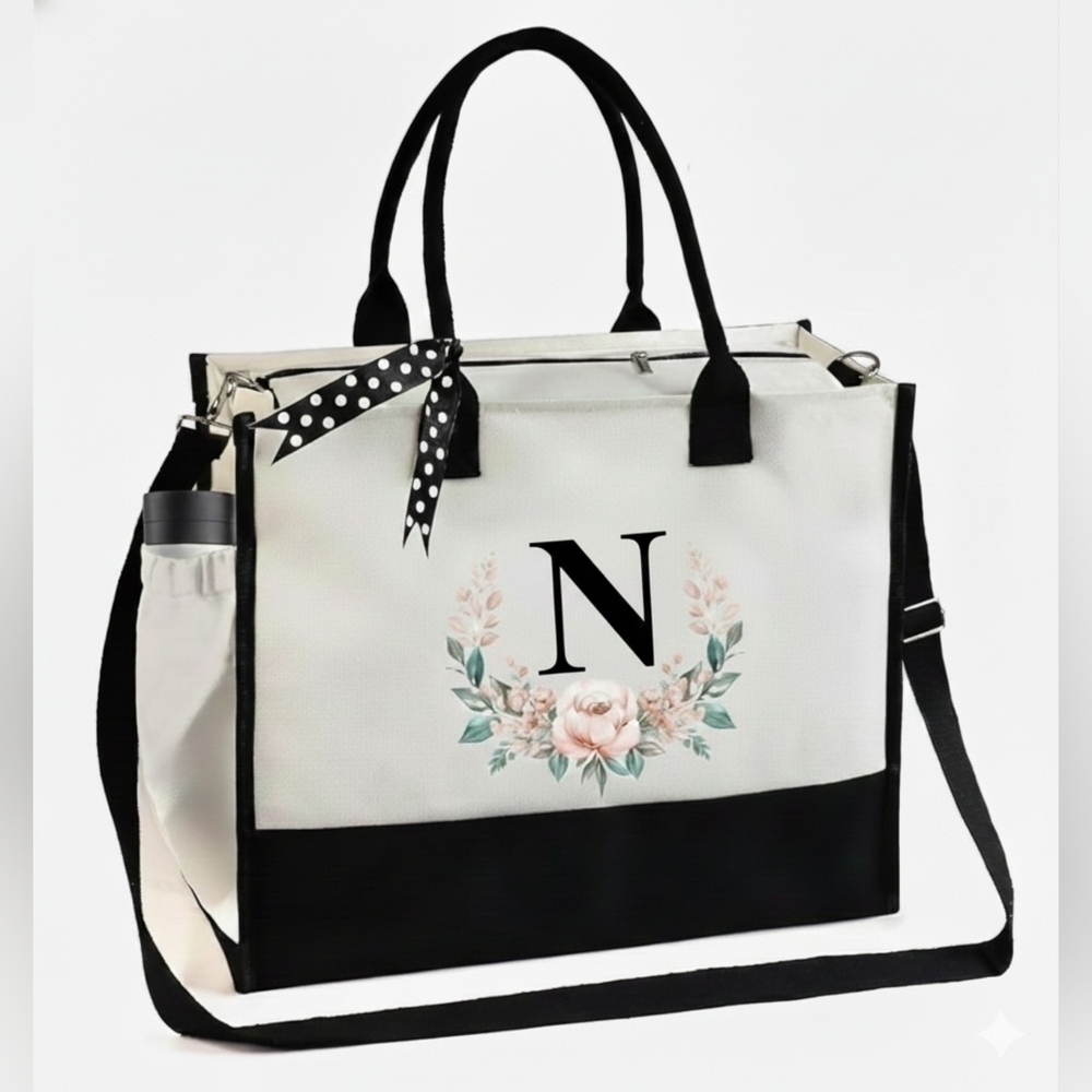 Monogrammed Floral Letter -N- Canvas Tote Bag Zipper Pocket Side Pouch Gift NWT
